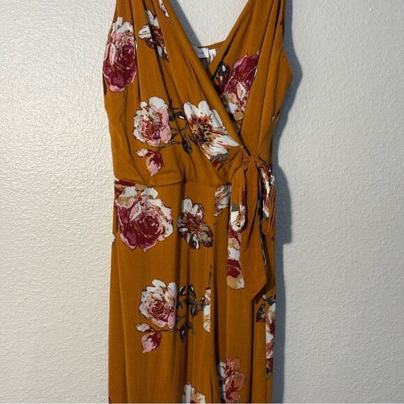 Lone Lux Bohemian Jumpsuit Carmel Tan Pink Floral Spaghetti Strap Faux Wrap Crop - Picture 3 of 10